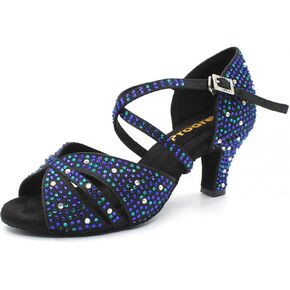 حذاء رقص أزرق للنساء، حذاء رقص السالسا اللاتيني بكعب قطط لامع مع أحجار الراين، للسهرات/الزفاف/الحفلات in Kuwait