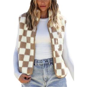 GORGLITTER Women's Checkered Sherpa Vest Zip Up Sleeveless Winter Fleece Jacket Plaid Gilet in Saudi Arabia