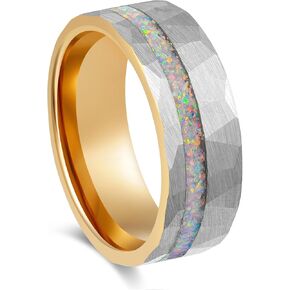 Men's Wedding Ring 8mm Silver Hammered Rose Gold Tungsten White Fire Opal Inlay – Comfort Fit Mens Wedding Band with Antique Wooden Ring Box in Saudi Arabia