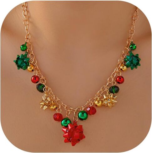 Christmas Necklace Earrings Set, Festive Jingle Bells & Glitter Christmas Light Pendant Statement Jewelry for Xmas Holiday Party in Saudi Arabia