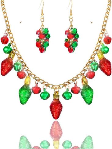 Christmas Necklace Earrings Set, Festive Jingle Bells & Glitter Christmas Light Pendant Statement Jewelry for Xmas Holiday Party in Saudi Arabia