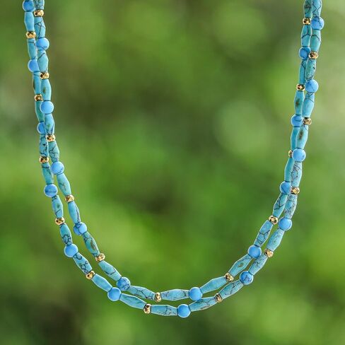 NOVICA Artisan قلادة مطرزة يدويًا من الكالسيت الفيروزي التايلاندية مع مشبك فضي من البيريت المعاد تشكيله متعدد الأحجار الكريمة باللون الأزرق التايلاندي [16.25 بوصة طول 8 مم عرض موسع 2 بوصة طول] ' in Saudi Arabia
