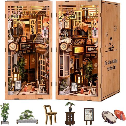 Book Nook Kit for Adults, DIY Miniature Coffee House Book Nook Kit with LED Light, 3D Wooden Bookshelf Puzzle, Dustproof Decor for Adults & Teens for Craft Lovers in Kuwait