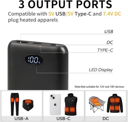 Heated Vest Battery Pack 7.4V/5V 10000mAh, Ultra-Light Battery Pack with LED Display, DC/USB-A/Type-C PD Output, Compatible with ORORO Venustas Heated Jackets, Vests & Gloves in Saudi Arabia