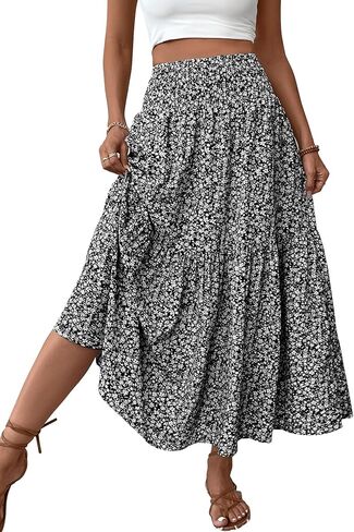 Women's Boho Maxi Skirt Floral Printed Smocked High Waist Long Skirts with Pockets Flowy Ruffle A-Line Summer Beach in Kuwait