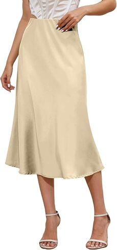 Mist Azur Silky Satin Long Skirt for Women Elastic High Waisted A Line Maxi Skirt 7307 in Saudi Arabia