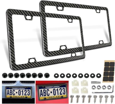 License Plate Frame for Car with Stainless Steel Screws Caps, Rattle Proof Pad,4 Holes 12.25" x 6.25" (100% Carbon Fiber Frame) in Kuwait