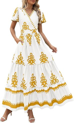 PRETTYGARDEN Womens Summer Casual V Neck Boho Maxi Dress Flowy Aline Bell Sleeve Tiered Floral Dresses with Pocket in Saudi Arabia