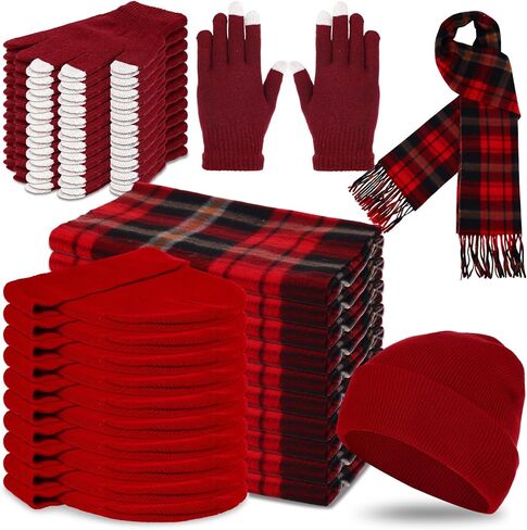 90 Pcs Hats Scarves Gloves Supplies Bulk Winter Beanies Red Grids Scarves Touchscreen Gloves for Men Women in Saudi Arabia