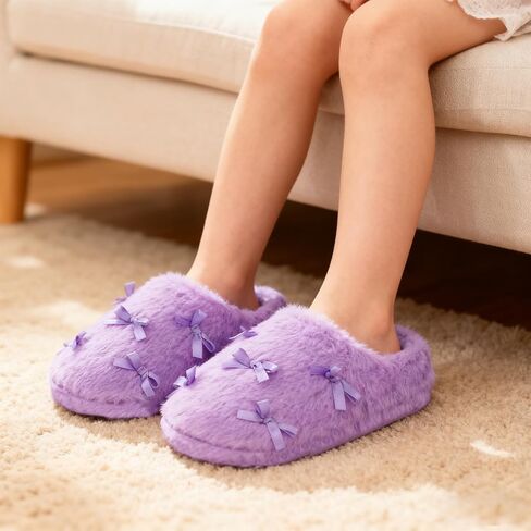 Girls Plush House Slippers, Winter Non-Slip Warm House Shoes, Kids Soft Memory Foam Bows Slippers for Bedroom Indoor Outdoor in Saudi Arabia