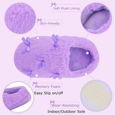 Girls Plush House Slippers, Winter Non-Slip Warm House Shoes, Kids Soft Memory Foam Bows Slippers for Bedroom Indoor Outdoor in Saudi Arabia