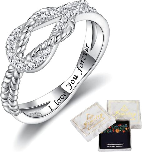 Sterling Silver Mother Daughter Ring: Engraved "I Love You Forever" Square Knot Ring Jewelry Gift from Mom to Daughter in Saudi Arabia