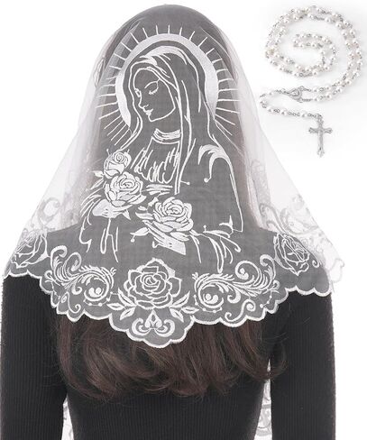 Bozidol Catholic Gifts for Women, Virgin Mary Mantilla Chapel Veil and Rosary Beads Religious Mass Church Lace Head Coverings in Kuwait