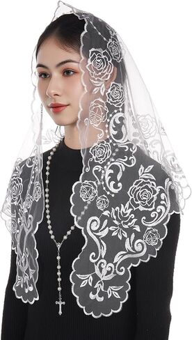 Bozidol Catholic Gifts for Women, Virgin Mary Mantilla Chapel Veil and Rosary Beads Religious Mass Church Lace Head Coverings in Kuwait