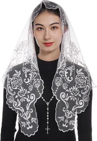 Bozidol Catholic Gifts for Women, Virgin Mary Mantilla Chapel Veil and Rosary Beads Religious Mass Church Lace Head Coverings in Kuwait