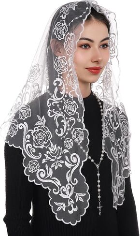 Bozidol Catholic Gifts for Women, Virgin Mary Mantilla Chapel Veil and Rosary Beads Religious Mass Church Lace Head Coverings in Kuwait