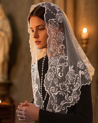 Bozidol Catholic Gifts for Women, Virgin Mary Mantilla Chapel Veil and Rosary Beads Religious Mass Church Lace Head Coverings in Kuwait