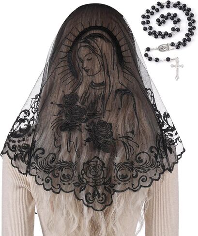 Bozidol Catholic Gifts for Women, Virgin Mary Mantilla Chapel Veil and Rosary Beads Religious Mass Church Lace Head Coverings in Kuwait