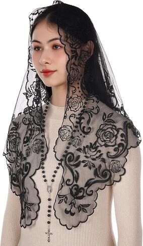 Bozidol Catholic Gifts for Women, Virgin Mary Mantilla Chapel Veil and Rosary Beads Religious Mass Church Lace Head Coverings in Kuwait