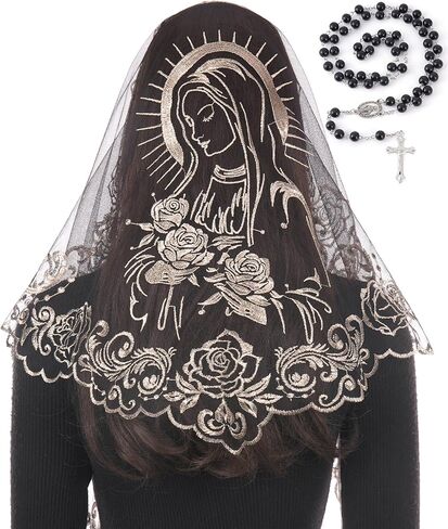 Bozidol Catholic Gifts for Women, Virgin Mary Mantilla Chapel Veil and Rosary Beads Religious Mass Church Lace Head Coverings in Kuwait