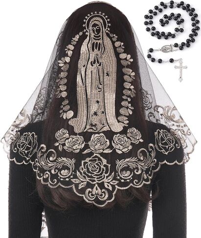 Bozidol Catholic Gifts for Women, Virgin Mary Mantilla Chapel Veil and Rosary Beads Religious Mass Church Lace Head Coverings in Kuwait
