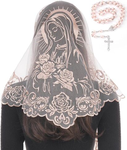 Bozidol Catholic Gifts for Women, Virgin Mary Mantilla Chapel Veil and Rosary Beads Religious Mass Church Lace Head Coverings in Kuwait