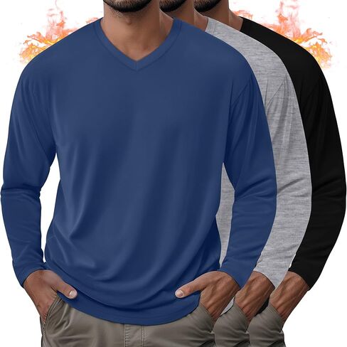 3 Pack Men's Thermal Long Sleeve Shirts V Neck Fleece Lined Loose Fit Warm Base Layer Winter Casual Tops in Saudi Arabia