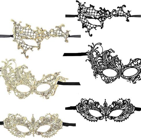 Yolev 6 Pcs Masquerade Masks for Women Gold Black Lace Mask 6 Styles Masquerade Mask for Glasses Couples Halloween Prom Ball Party Mardi Gras Lace Face Mask in Saudi Arabia