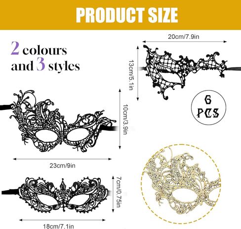 Yolev 6 Pcs Masquerade Masks for Women Gold Black Lace Mask 6 Styles Masquerade Mask for Glasses Couples Halloween Prom Ball Party Mardi Gras Lace Face Mask in Saudi Arabia