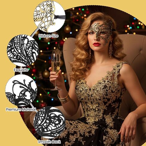 Yolev 6 Pcs Masquerade Masks for Women Gold Black Lace Mask 6 Styles Masquerade Mask for Glasses Couples Halloween Prom Ball Party Mardi Gras Lace Face Mask in Saudi Arabia