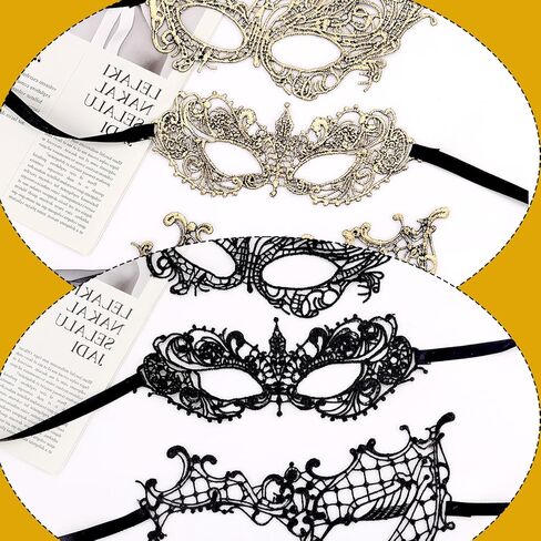 Yolev 6 Pcs Masquerade Masks for Women Gold Black Lace Mask 6 Styles Masquerade Mask for Glasses Couples Halloween Prom Ball Party Mardi Gras Lace Face Mask in Saudi Arabia