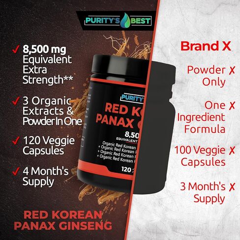 الجينسنغ الكوري الأحمر الأفضل من Purity - 8500 مجم مكافئ لكل وجبة - 5% جينسينوسيدات - مكمل عشبي - 120 كبسولة نباتية in Saudi Arabia