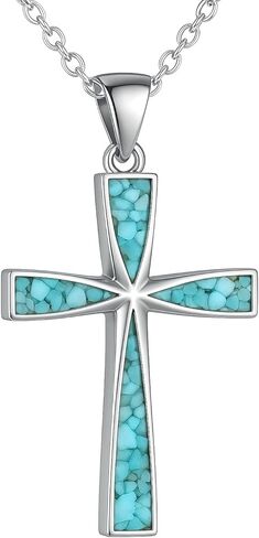 Premium 316 L Stainless Steel Turquoise Cross Necklace For Men and Women- 18 in Adjustable Chain, Religious Cross Faith Pendant Necklace Gift Box Included. in Saudi Arabia