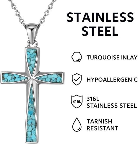 Premium 316 L Stainless Steel Turquoise Cross Necklace For Men and Women- 18 in Adjustable Chain, Religious Cross Faith Pendant Necklace Gift Box Included. in Saudi Arabia