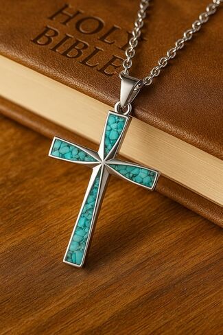 Premium 316 L Stainless Steel Turquoise Cross Necklace For Men and Women- 18 in Adjustable Chain, Religious Cross Faith Pendant Necklace Gift Box Included. in Saudi Arabia
