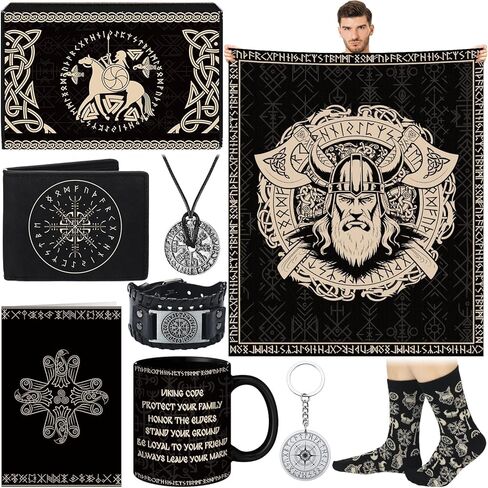 9 Pcs Christmas Viking Gifts Set for Men Blanket Socks Coffee Mug Leather Wallet Vegvísir Necklace Bracelet Keychain Card and Box Viking Amulet Gifts for Norse Mythology Medieval Lovers in Saudi Arabia