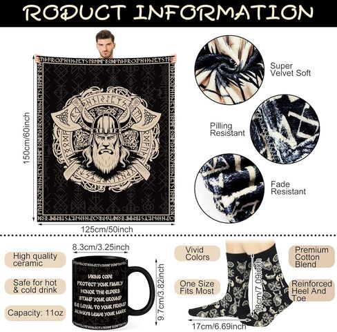 9 Pcs Christmas Viking Gifts Set for Men Blanket Socks Coffee Mug Leather Wallet Vegvísir Necklace Bracelet Keychain Card and Box Viking Amulet Gifts for Norse Mythology Medieval Lovers in Saudi Arabia