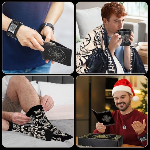 9 Pcs Christmas Viking Gifts Set for Men Blanket Socks Coffee Mug Leather Wallet Vegvísir Necklace Bracelet Keychain Card and Box Viking Amulet Gifts for Norse Mythology Medieval Lovers in Saudi Arabia