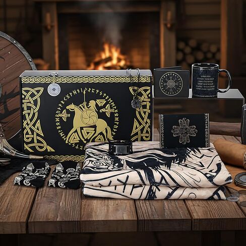 9 Pcs Christmas Viking Gifts Set for Men Blanket Socks Coffee Mug Leather Wallet Vegvísir Necklace Bracelet Keychain Card and Box Viking Amulet Gifts for Norse Mythology Medieval Lovers in Saudi Arabia