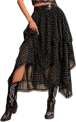 SHENHE Women's Lace Trim Flowy Fall Skirt Asymmetrical Layered High Waist Printed Midi Skirt in Saudi Arabia