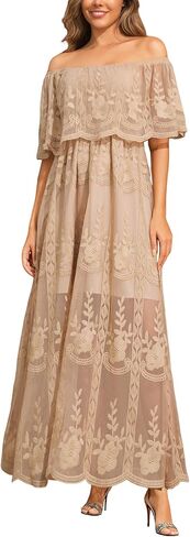 MERMAID'S CLOSET Women's Casual Off Shoulder Lace Maxi Dress Boho White Bridesmaid Wedding Evening Party Dresses in Kuwait