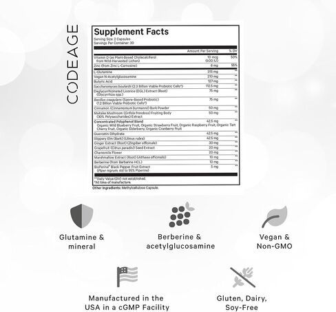 Codeage Leaky Gut Supplement, L-Glutamine, N-Acetylglucosamine, Probiotic, Butyric Acid, Polyphenols, Quercetin, DGL, Marshmallow Root, Berberine, BioPerine, Cinnamon, Vegan, Non-GMO, 60 Capsules in Saudi Arabia