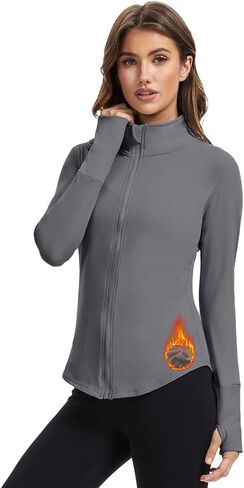 Women's Thermal Workout Jacket Slim Fit Fleece Lined Running Zip Up Athletic Long Sleeve Sun Protection Top in Saudi Arabia