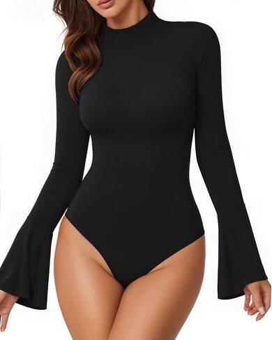 Bell Sleeve Mock Neck Long Sleeve Bodysuit Going Out Tops for Women in Saudi Arabia