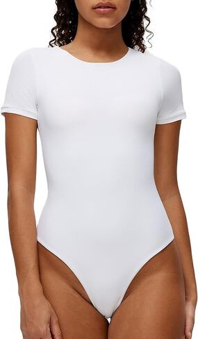 NANJI Short Sleeve Bodysuit for Women - Crew Neck Slim Fit Thong Body Suit, Stretch Double Lined Snap Tops, Casual Going Out in Saudi Arabia