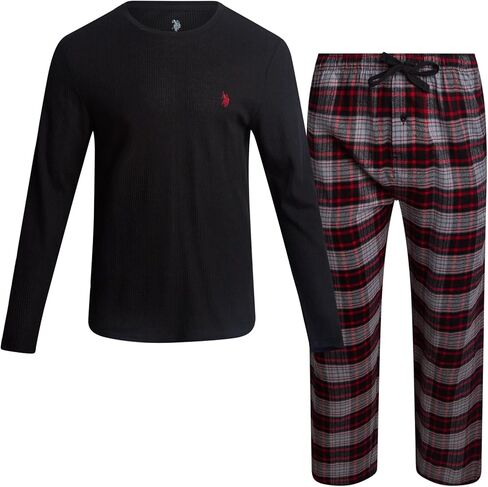 U.S. Polo Assn. Mens Thermal Pajama Set - 2 Piece Waffle Knit Long Sleeve Shirt and Plaid Pajama Pants for Men (S-XL) in Saudi Arabia