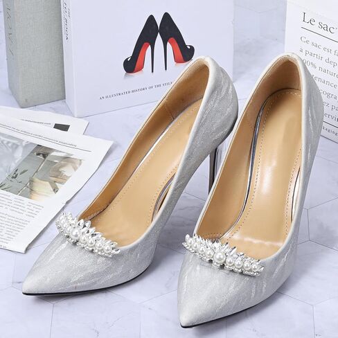 2 PCS Silver Pearl Rhinestone Shoe Clips, Elegant Crystal Decorative Shoe Jewelry Clips for Women Detachable Clip On Shoes Embellishments for Wedding Heels Flats Rhinestone Shoes Buckles in Saudi Arabia