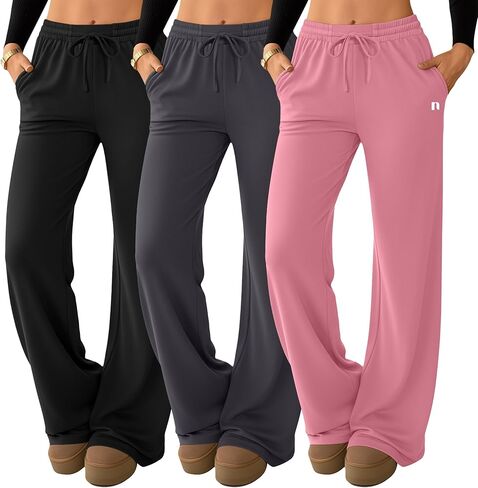 Neer 3 Pack Women's Wide Leg Palazzo Pants, Lounge High Waisted Pants Casual Pajama Bottoms Trouser with Drawstring Pockets in Kuwait