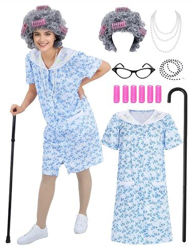 زي السيدة العجوز للبالغين للنساء 100 يوم من الأزياء المدرسية، فستان الجدة للهالوين السيدة العجوز in Kuwait