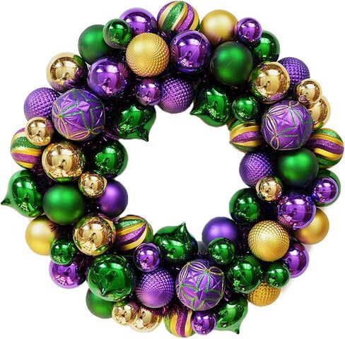 idyllic Mardi Gras Ball Wreath, Wreath with Purple Green Golden Ball, Decoration for Indoor Outdoor Carnival Front Door Mardi Gras Party in Saudi Arabia